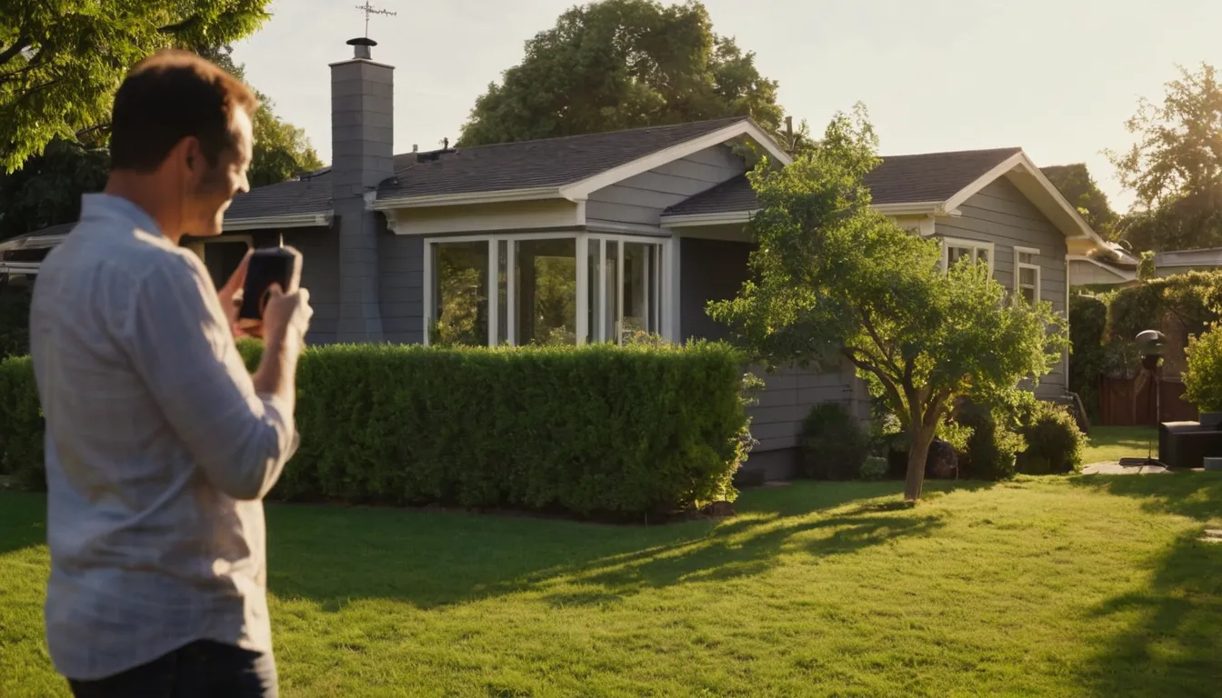A homeowner photographing a leaning tree to prepare for an estimate in the Grandview area